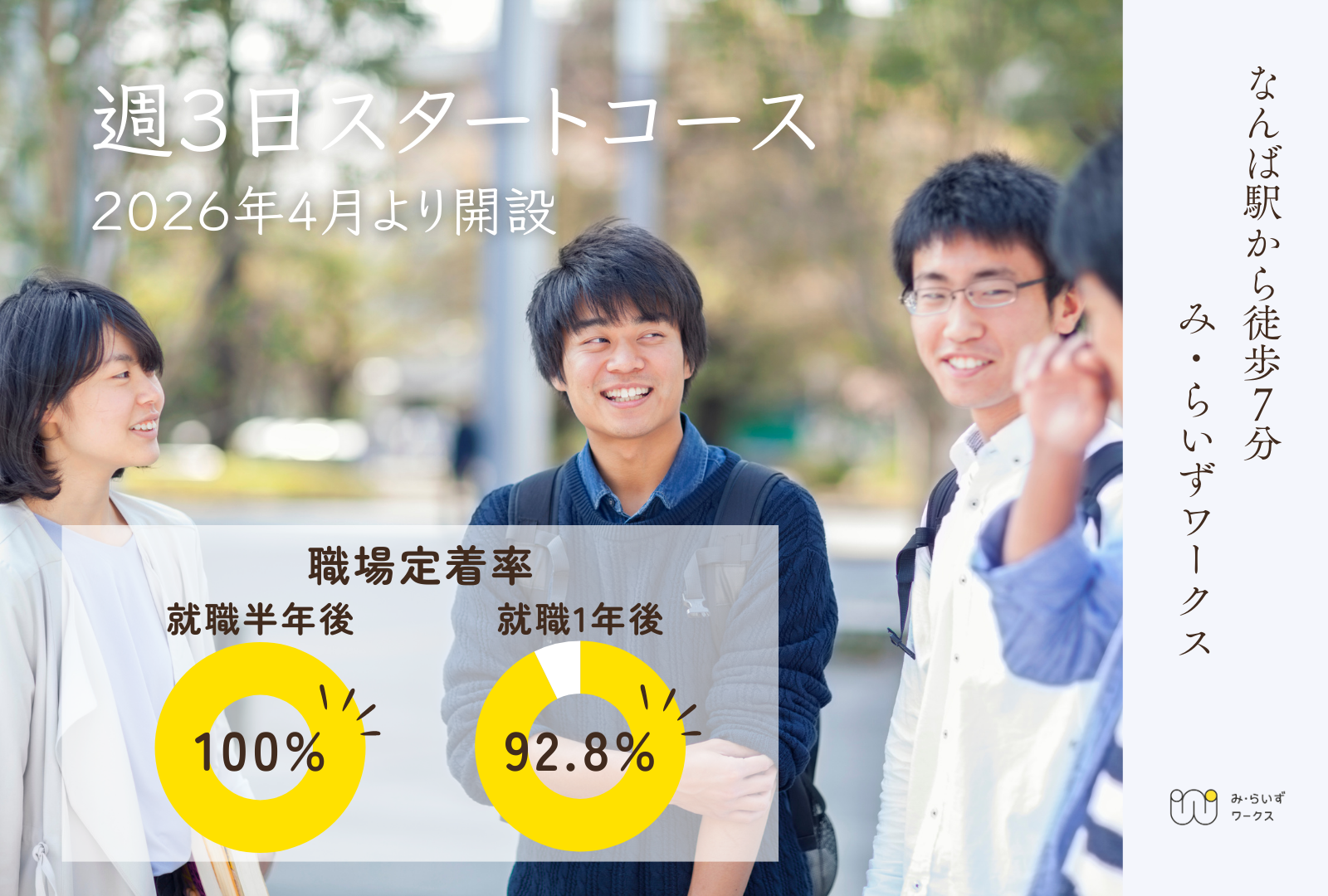 週3日スタートコース 2026年4月より開設。職場定着率 就職半年後100%・就職1年後92.8%。なんば駅から徒歩7分